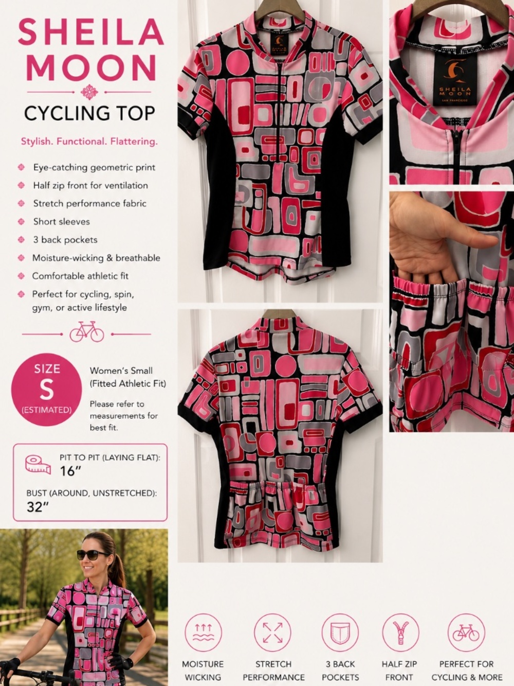 🚴‍♀️ Sheila Moon San Francisco Cycling Jersey Top – Women’s Small (Estimated)